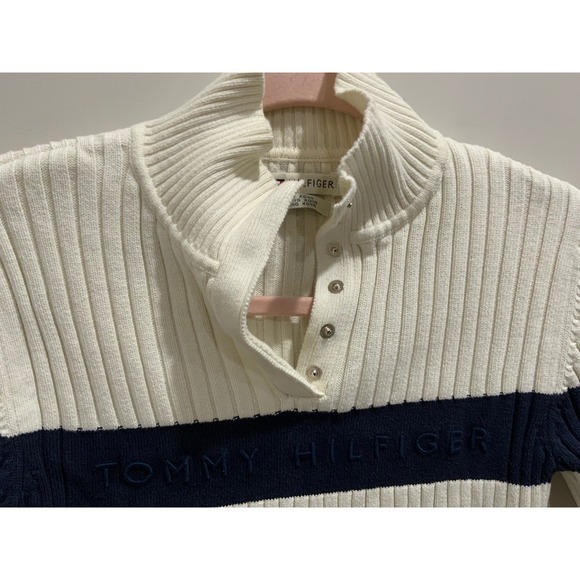 Tommy Hilfiger Womens Ribbed Long Sleeve Sweater Cream Navy Blue Size S - Picture 10 of 17